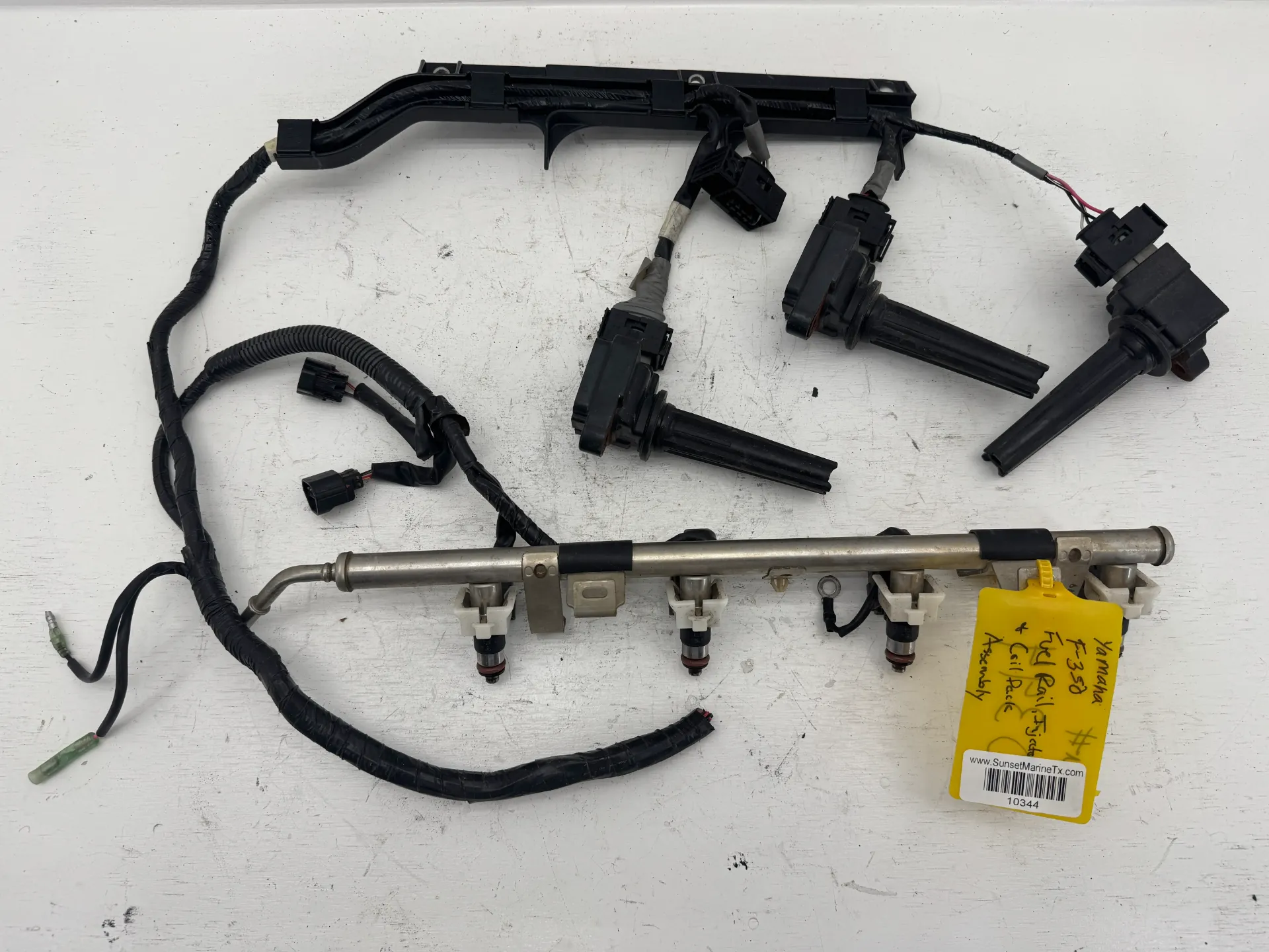 OEM Yamaha F350 V8 Outboard Fuel Rail Assembly w/ Injectors, Coils & Wiring